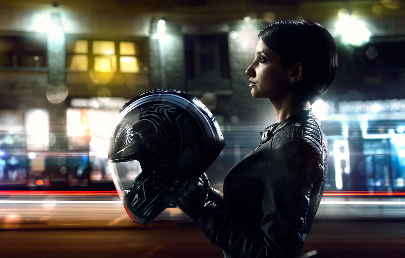 Фото обои девушка, макияж, куртка, шлем, профиль, мотоциклистка