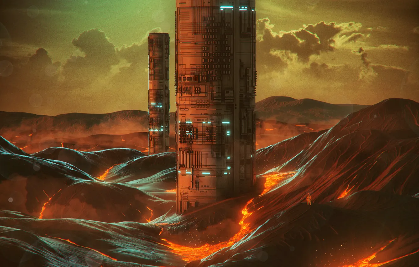 Фото обои Башня, Огонь, Стиль, Здания, Здание, Fantasy, Fire, Небоскрёб
