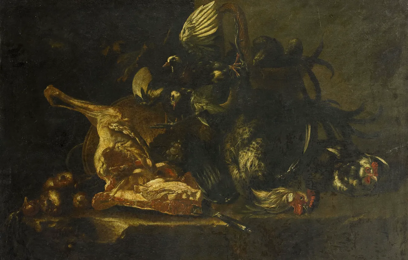 Фото обои масло, картина, холст, 1671, Натюрморт с Мясом и Мертвыми Птицами, Christoffel Puytlinck