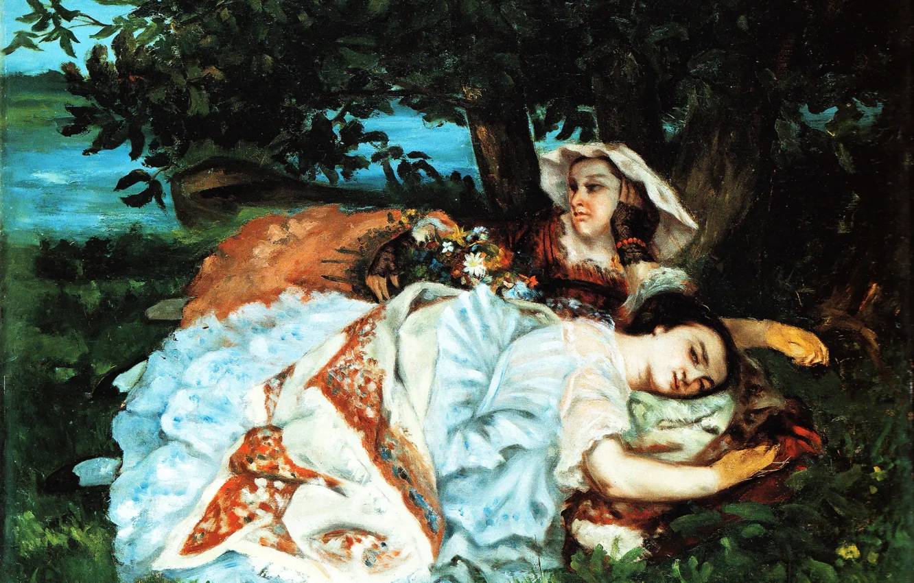 Фото обои картина, жанровая, Gustave Courbet, Гюстав Курбе, Девушки на Берегу Сены