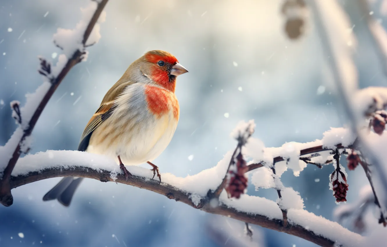 Фото обои зима, снег, ветки, природа, птица, ветка, плоды, снегопад