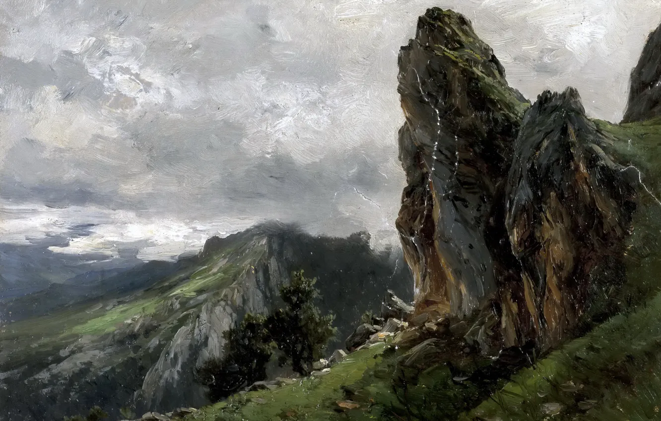 Фото обои пейзаж, горы, скалы, картина, Карлос де Хаэс, Пикос де Эуропа