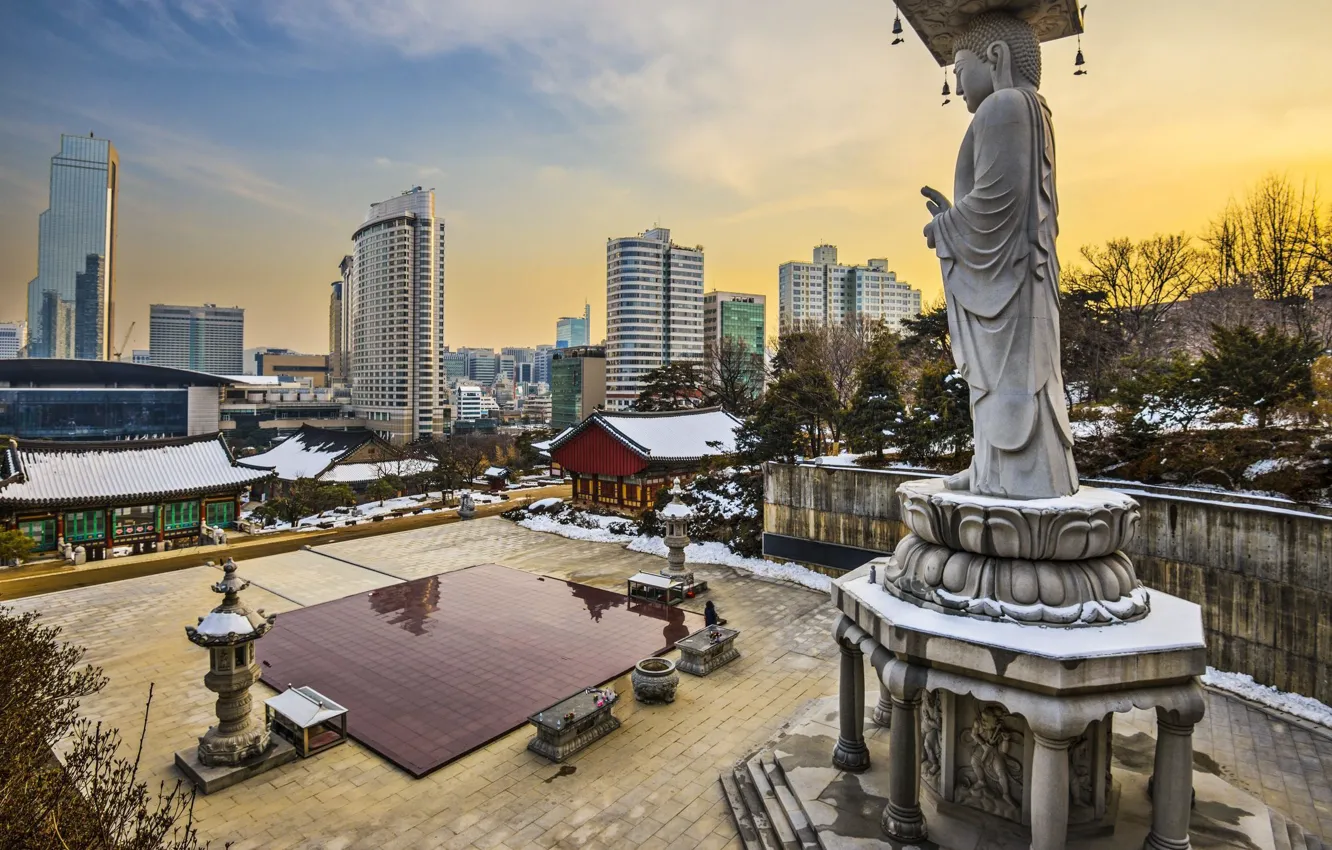 Фото обои зима, снег, город, утро, площадь, Сеул, Seoul, Южная Корея