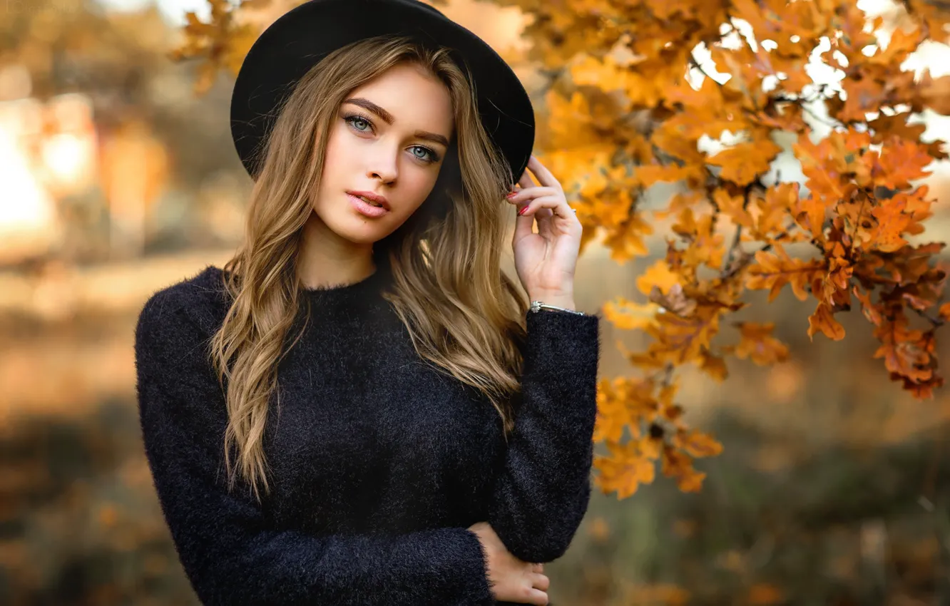 Фото обои осень, взгляд, листья, ветки, поза, модель, портрет, шляпа
