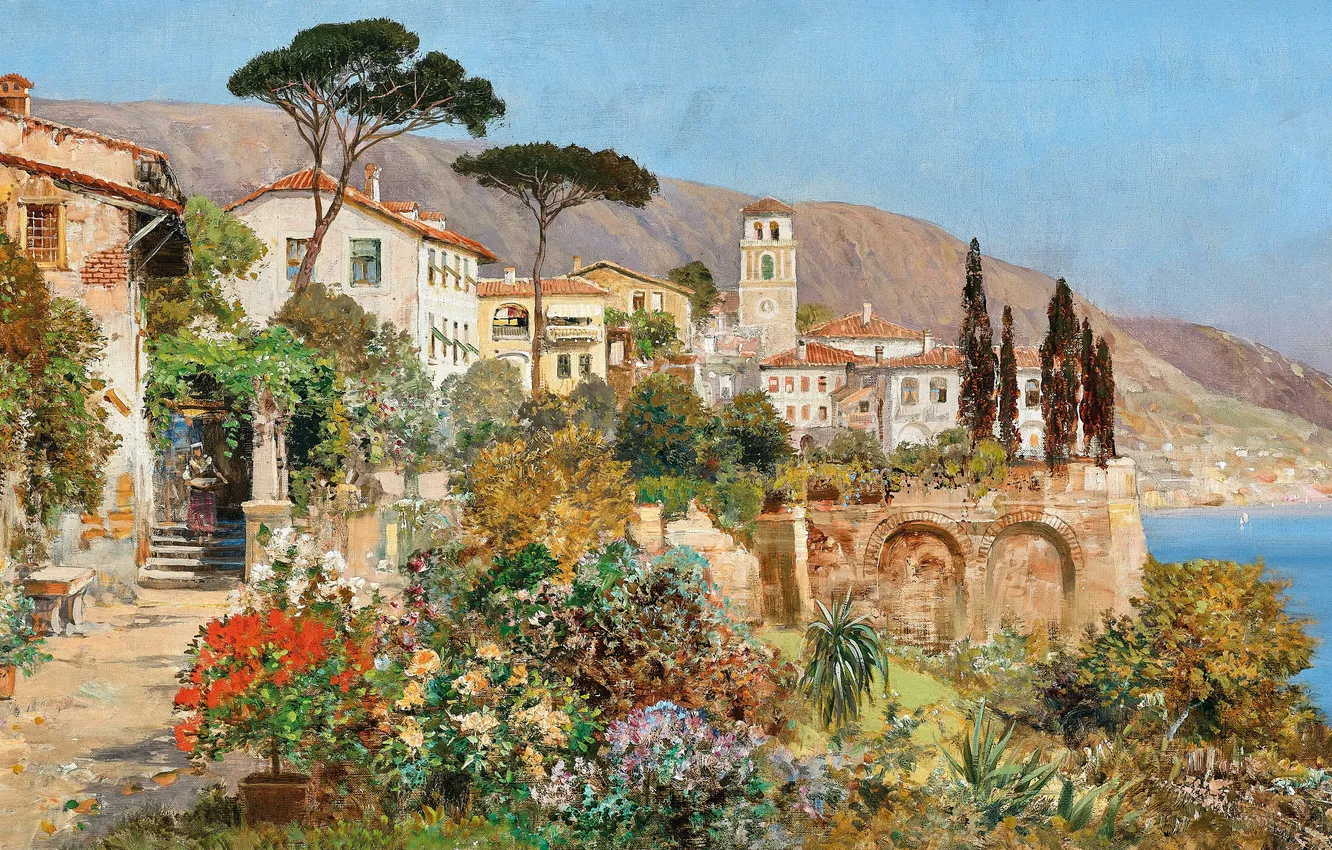 Фото обои Цветы, Дома, Деревья, Картина, Побережье, Alois Arnegger, Алоис Арнеггер, Австрийский живописец