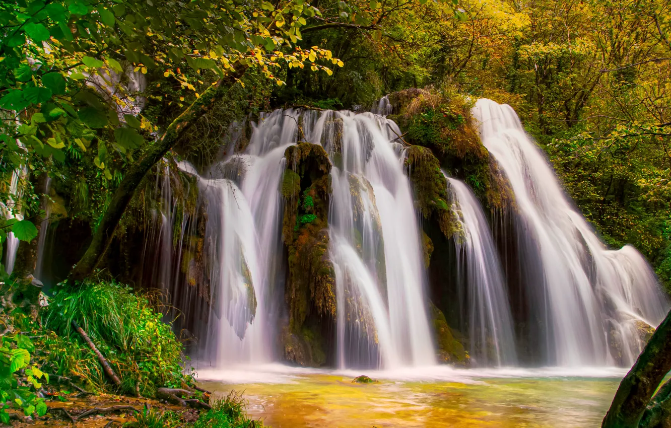 Фото обои осень, лес, река, Франция, водопад, каскад, France, Cascade des Tufs