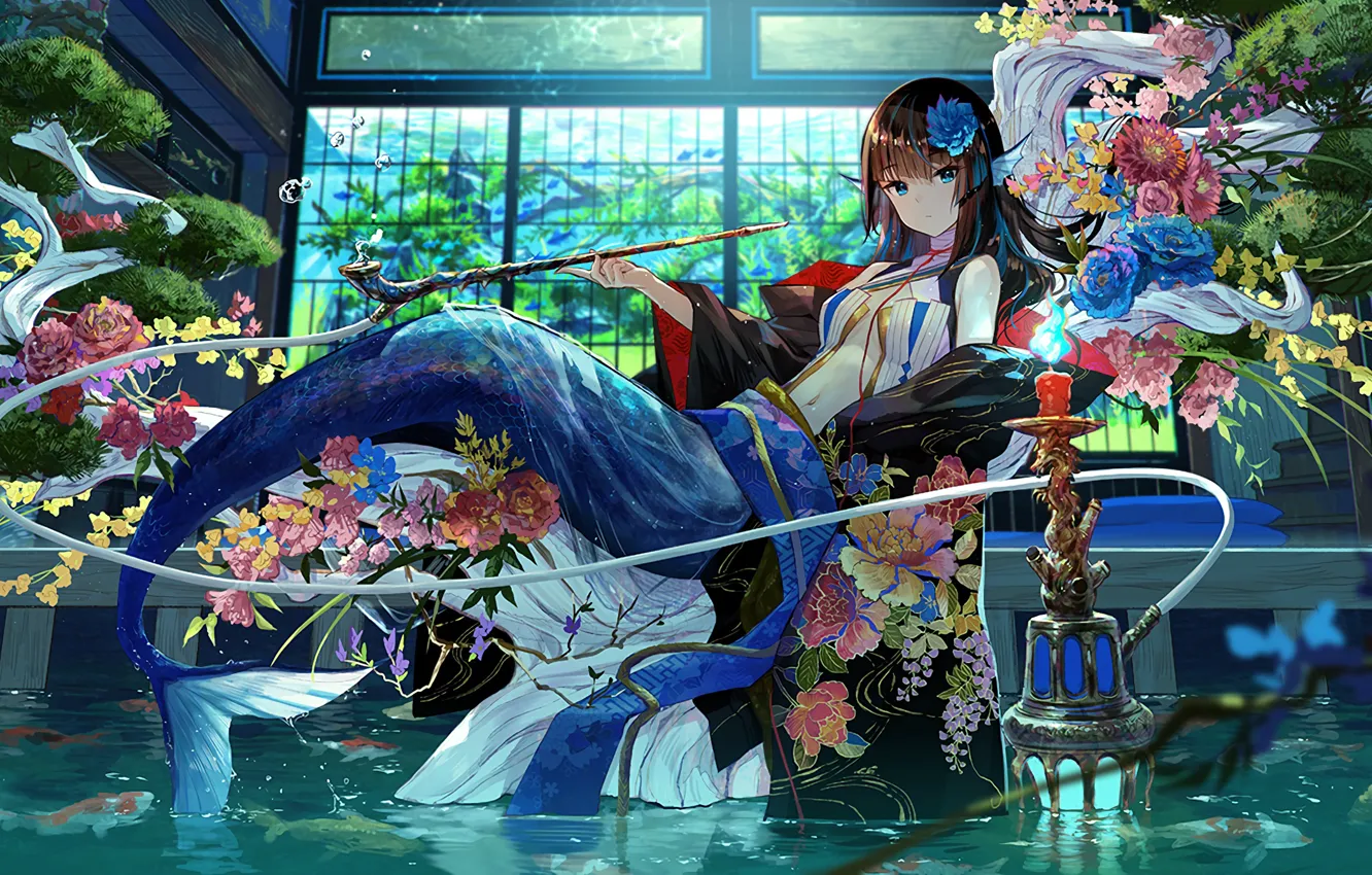 Фото обои кальян, русалка, свеча, чешуя, кимоно, букет цветов, в комнате, mermaid