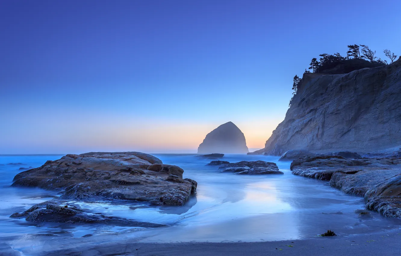 Фото обои песок, скала, камни, океан, рассвет, берег, Орегон, USA