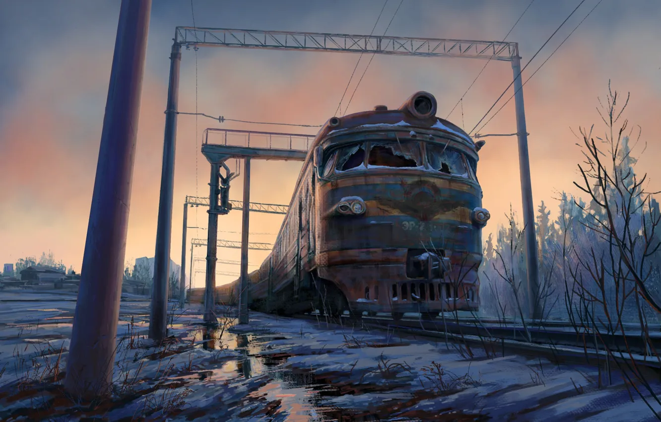 Фото обои снег, поезд, арт, ж-д