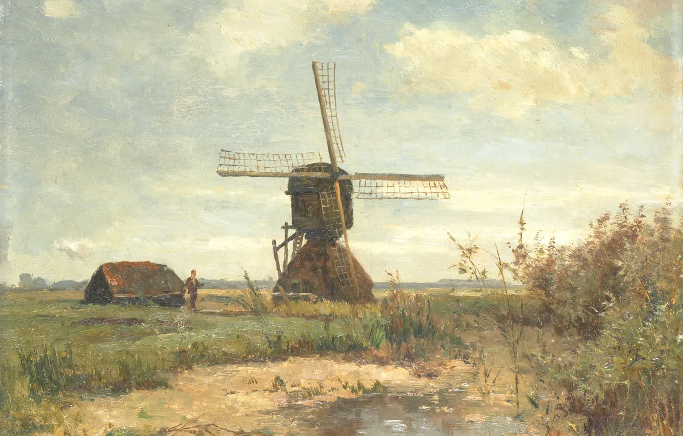 Фото обои пейзаж, масло, картина, 1903, Paul Gabriel, Пол Габриель, Солнечный день. Мельница у пруда