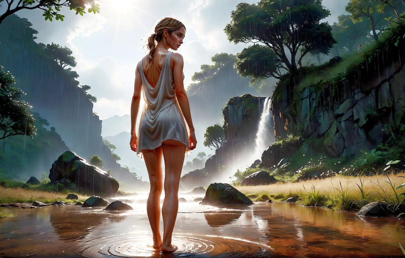 Фото обои girl, river, ai art