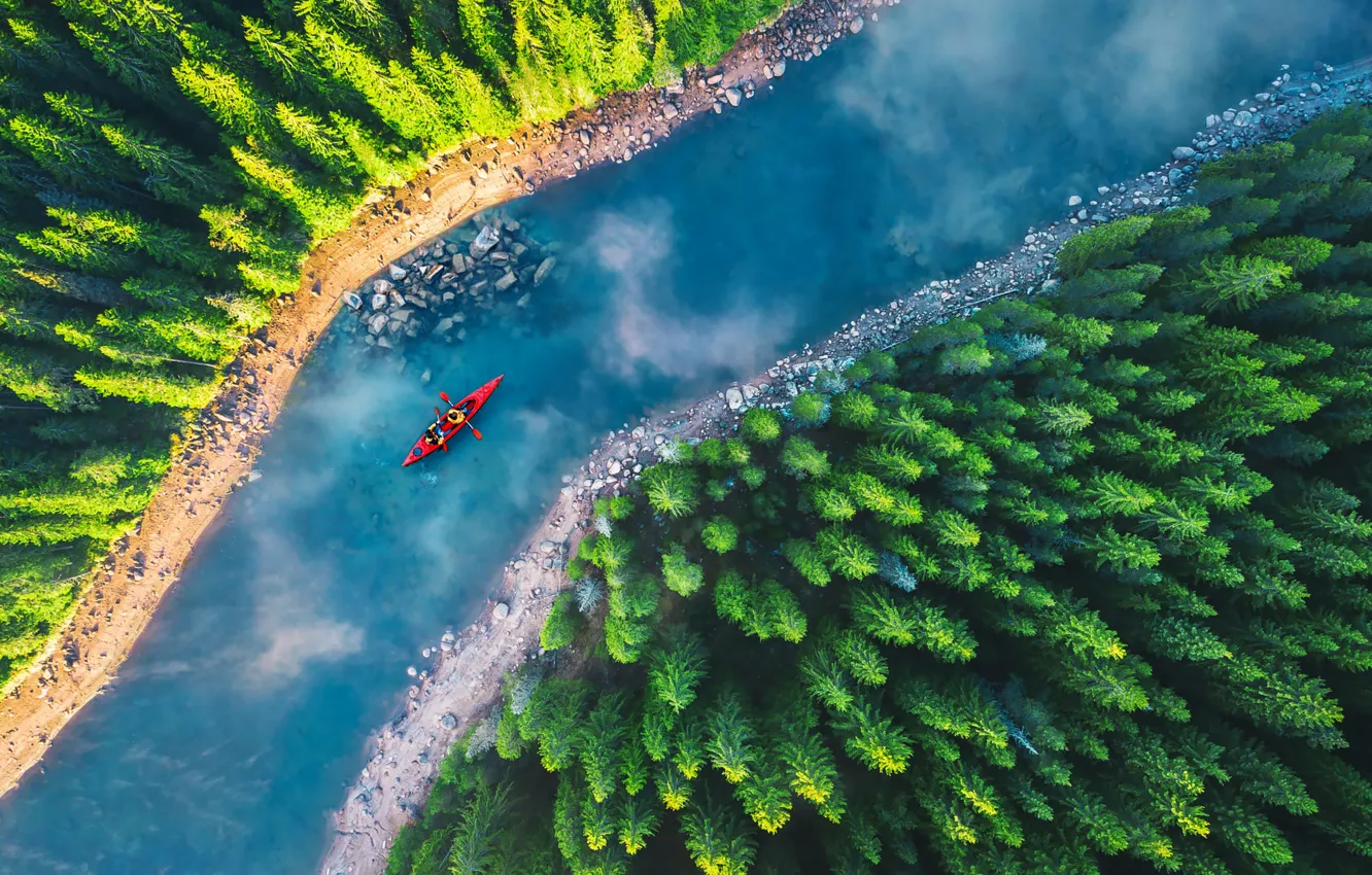 Фото обои лес, река, люди, берег, лодка, водоем, вид сверху, каяк