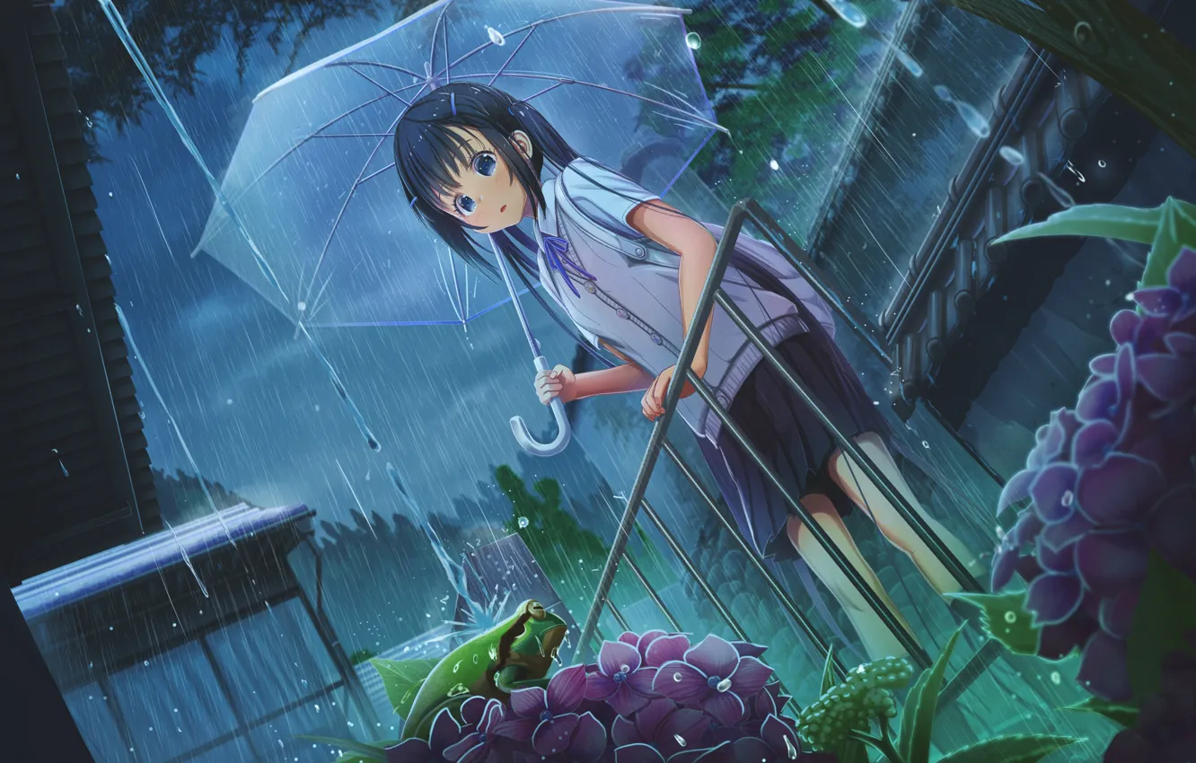 Фото обои цветы, дождь, лягушка, зонт, девочка, перила, клумба, ливень