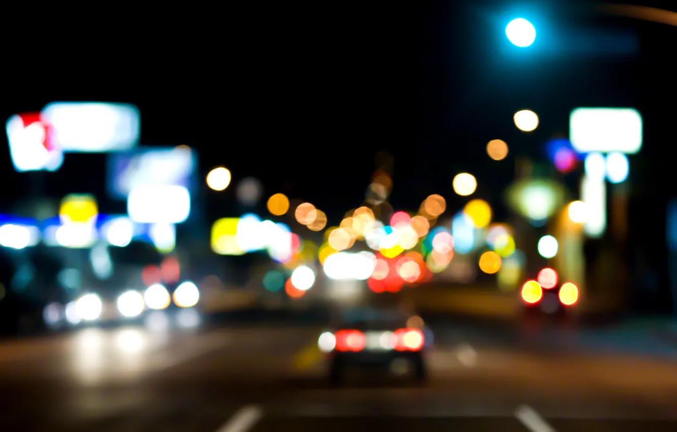 Фото обои дорога, машины, ночь, город, огни, улица, боке