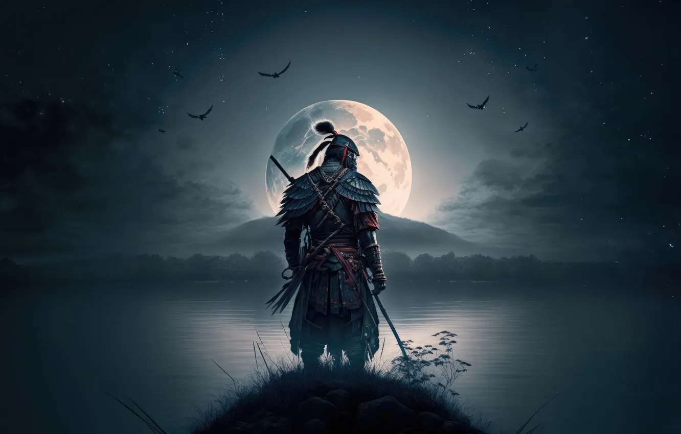 Фото обои moon, night, birds, man, samurai