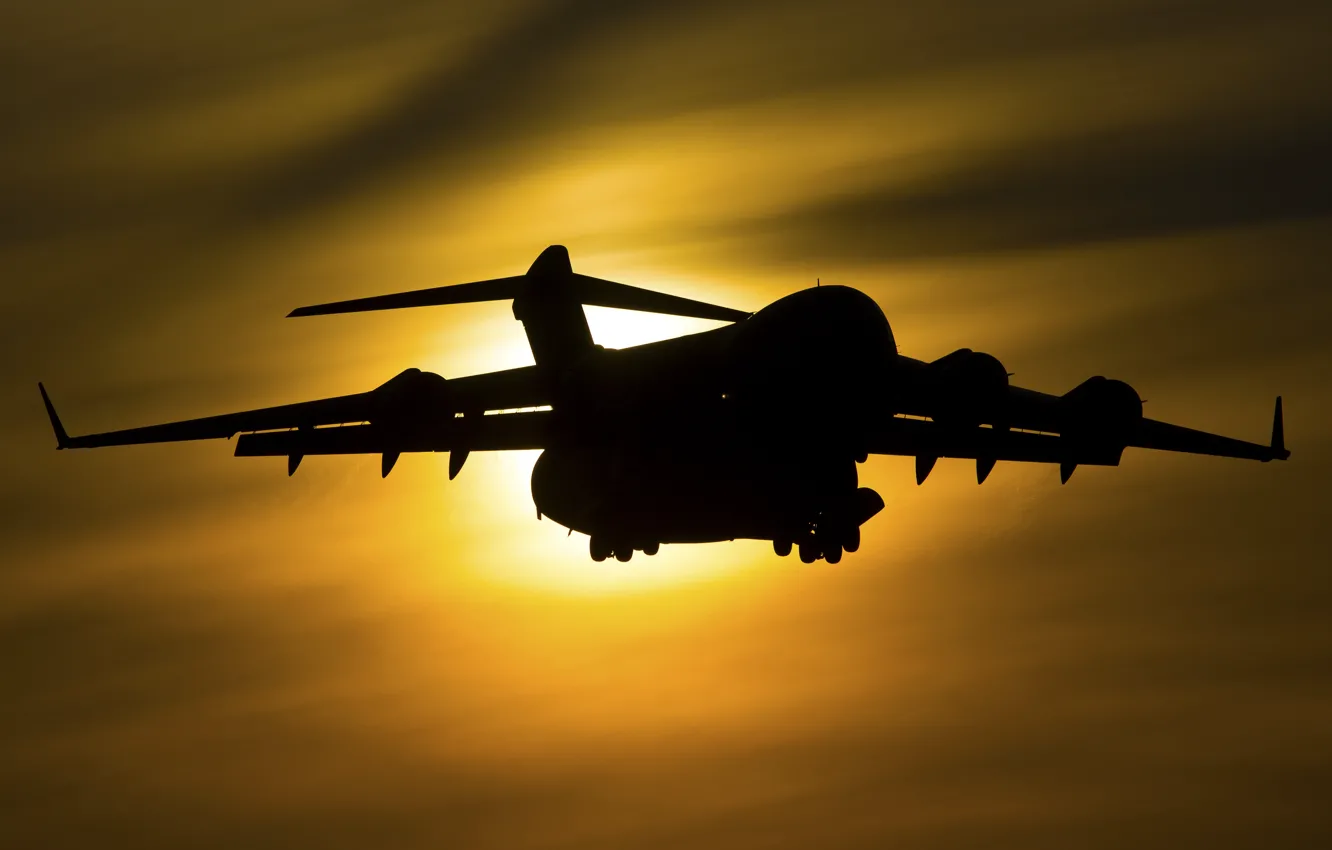 Фото обои рассвет, силуэт, Boeing, Globemaster III, C-17A