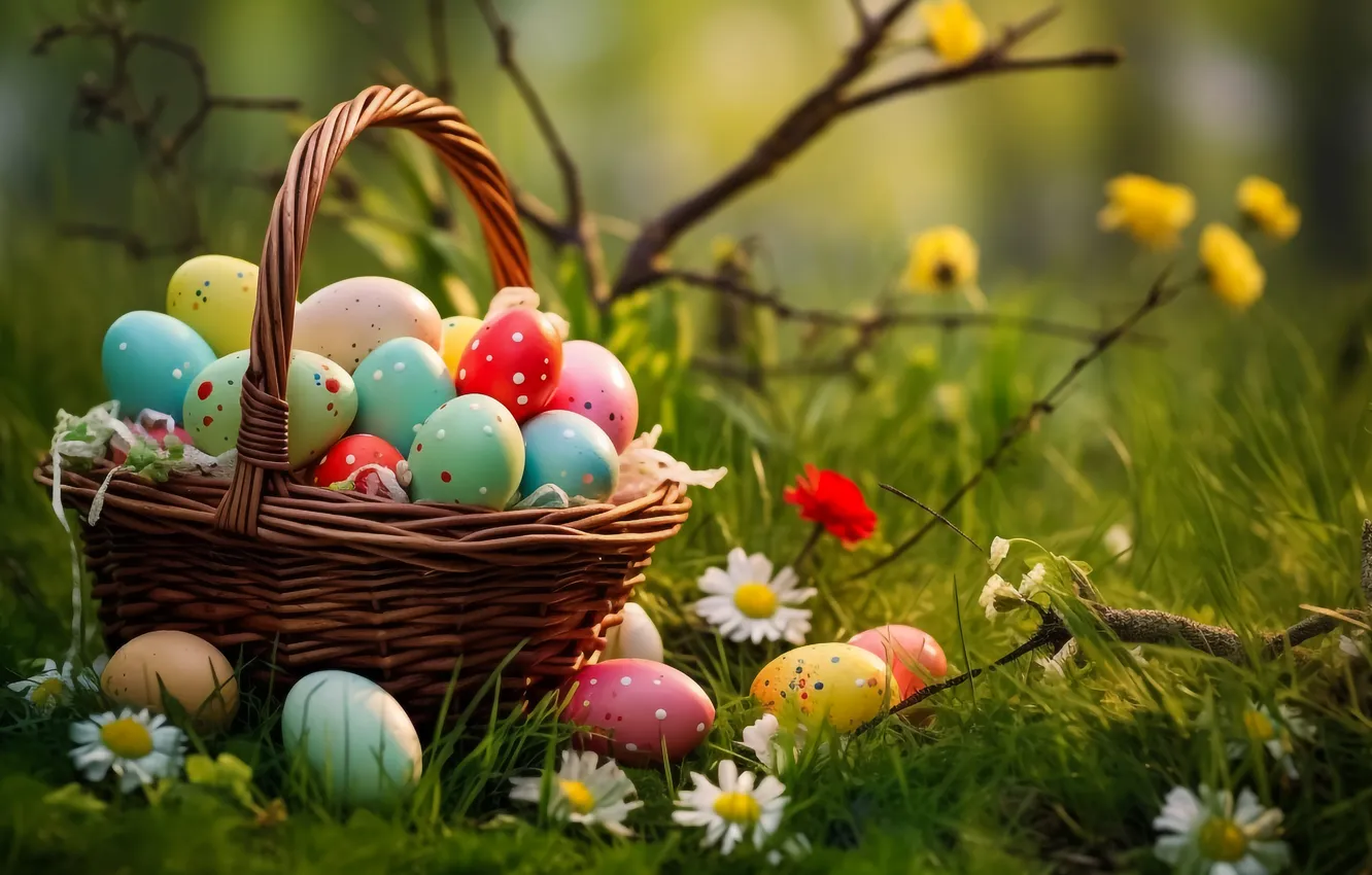 Фото обои цветы, корзина, поляна, яйца, весна, colorful, Пасха, happy