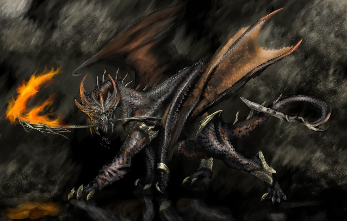 Фото обои огонь, дракон, крылья, арт, рога