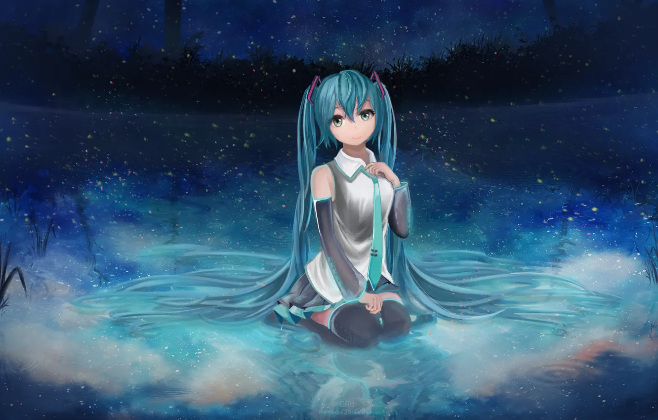 Фото обои небо, девушка, звезды, ночь, аниме, арт, vocaloid, hatsune miku