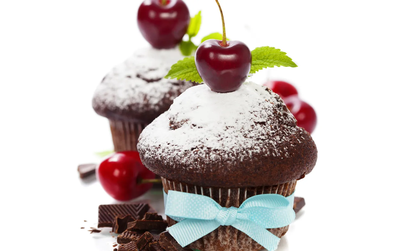 Фото обои вишня, шоколад, ягода, бант, черешня, кекс, маффин