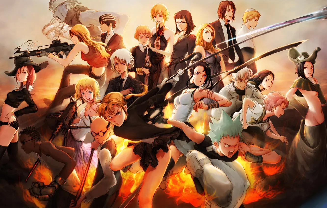 Фото обои Soul Eater, Кид, Black Star, Maka Albarn, Death the Kid, Лиз Томпсон, Soul Evans, Смерть …