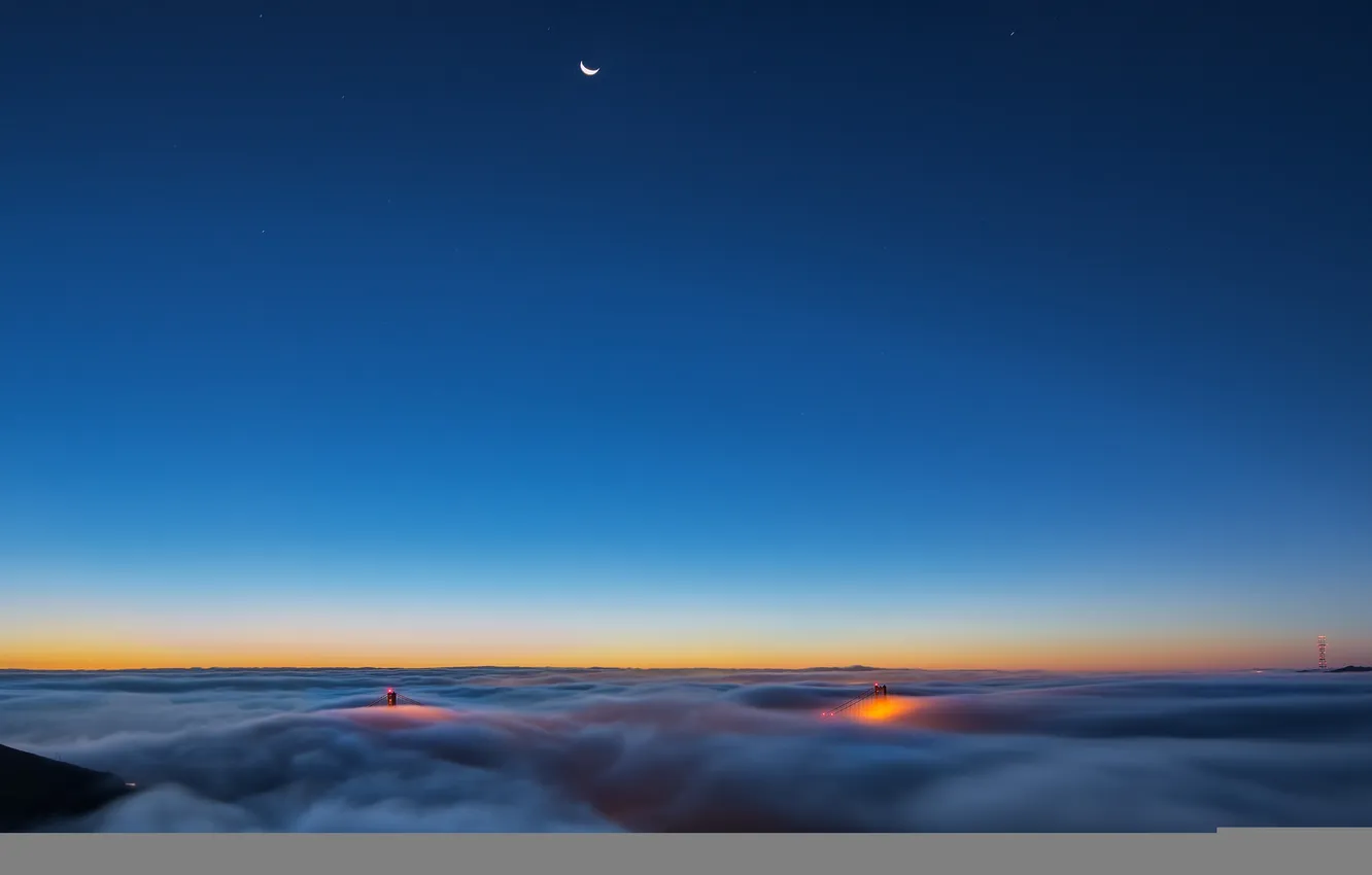 Фото обои moon, twilight, night, san francisco, fog, usa, golden gate