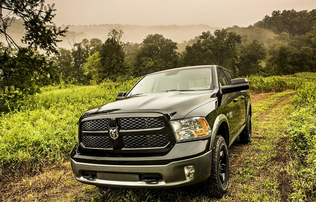 Фото обои Dodge, black, road, truck, 1500, Ram, vegetation, hemi