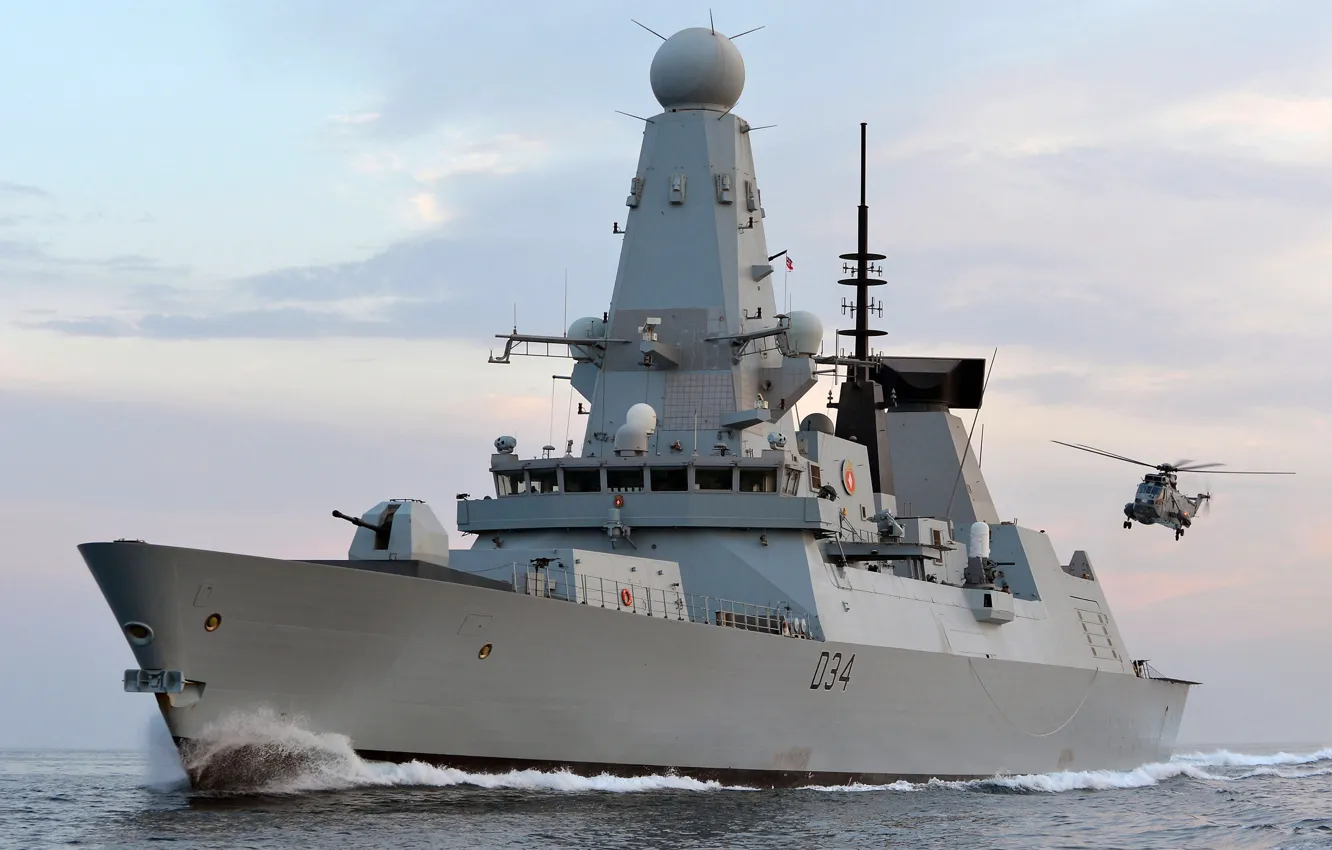 Фото обои море, небо, вертолет, флот, эсминец, королевский, HMS Diamond, (D34)