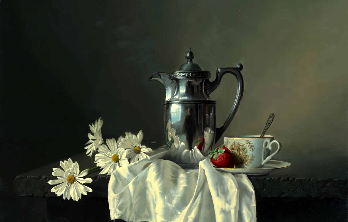 Фото обои цветы, отражение, стол, ромашки, картина, клубника, ягода, ложка
