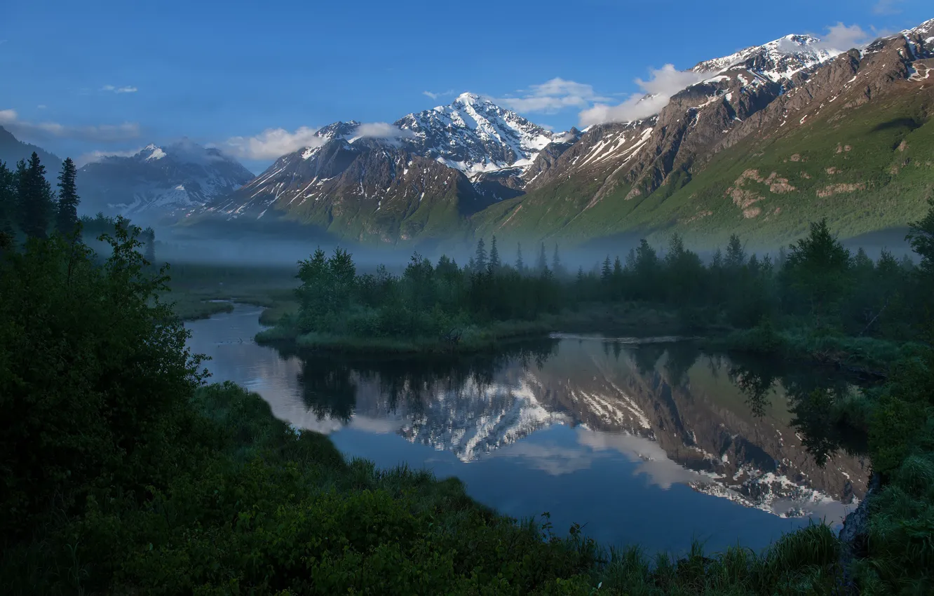 Фото обои лес, горы, река, Аляска
