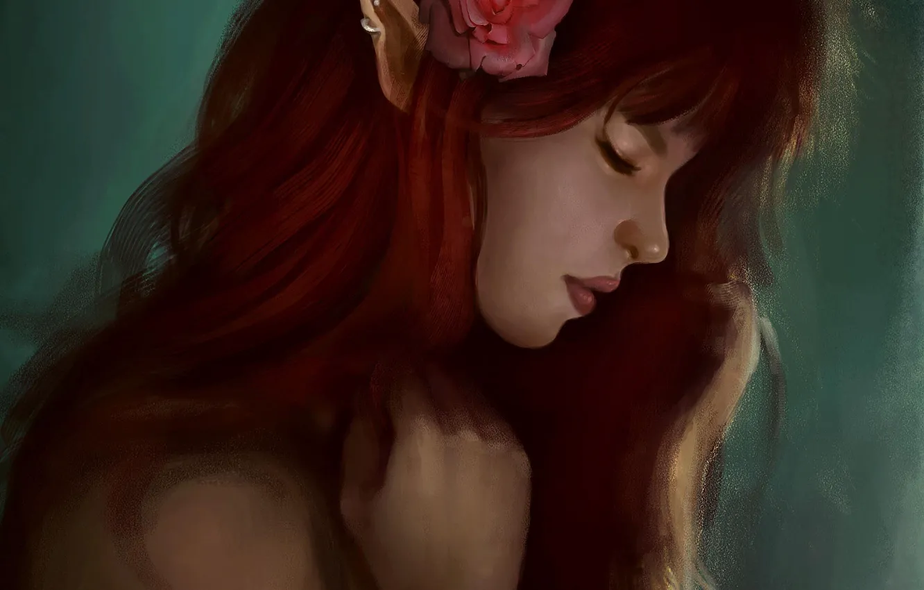 Фото обои цветок, девушка, эльф, роза, арт, профиль, рыжая, эльфийка