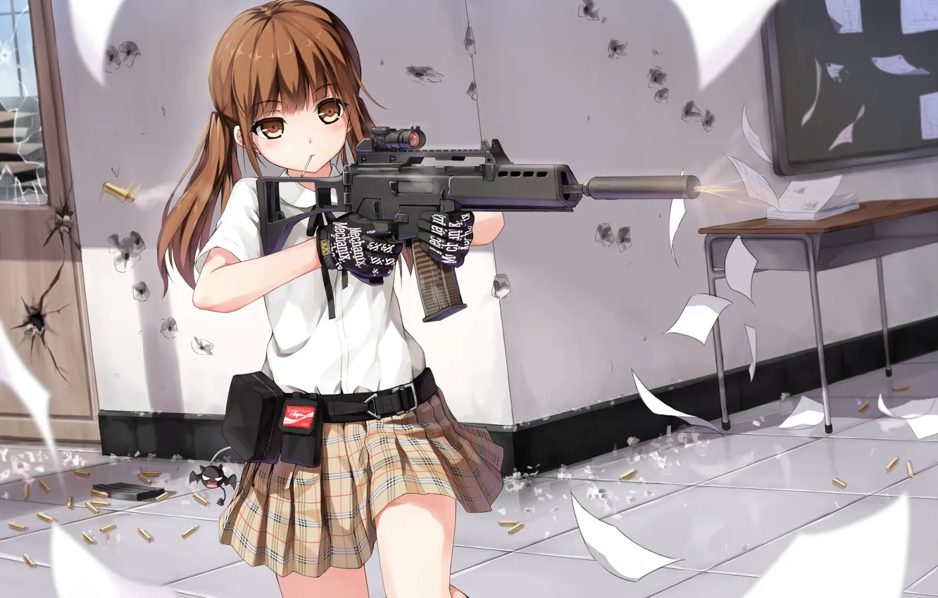 Фото обои девушка, оружие, доска, гильзы, art, марта, yuri shoutu