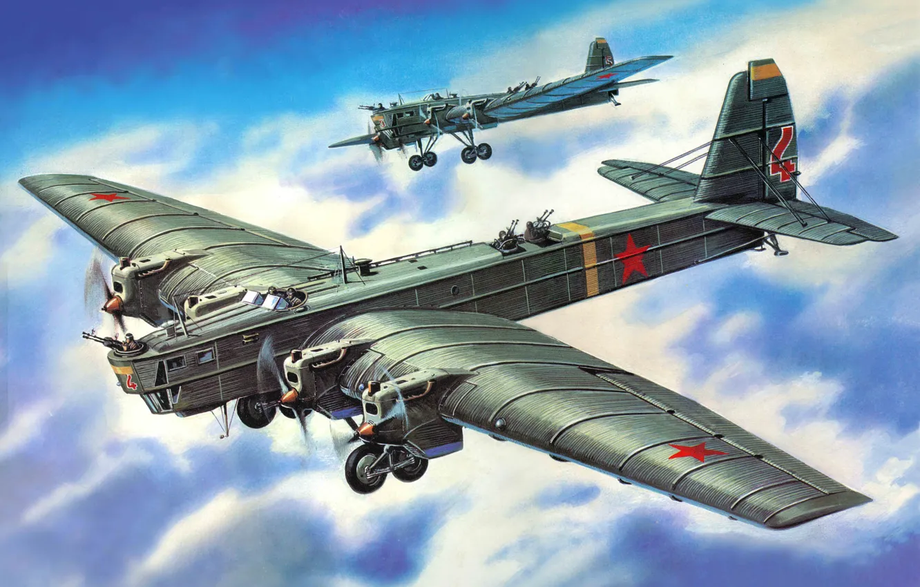 Фото обои самолет, арт, СССР, бомбардировщик, ВВС, ВОВ, Туполев, тяжелый