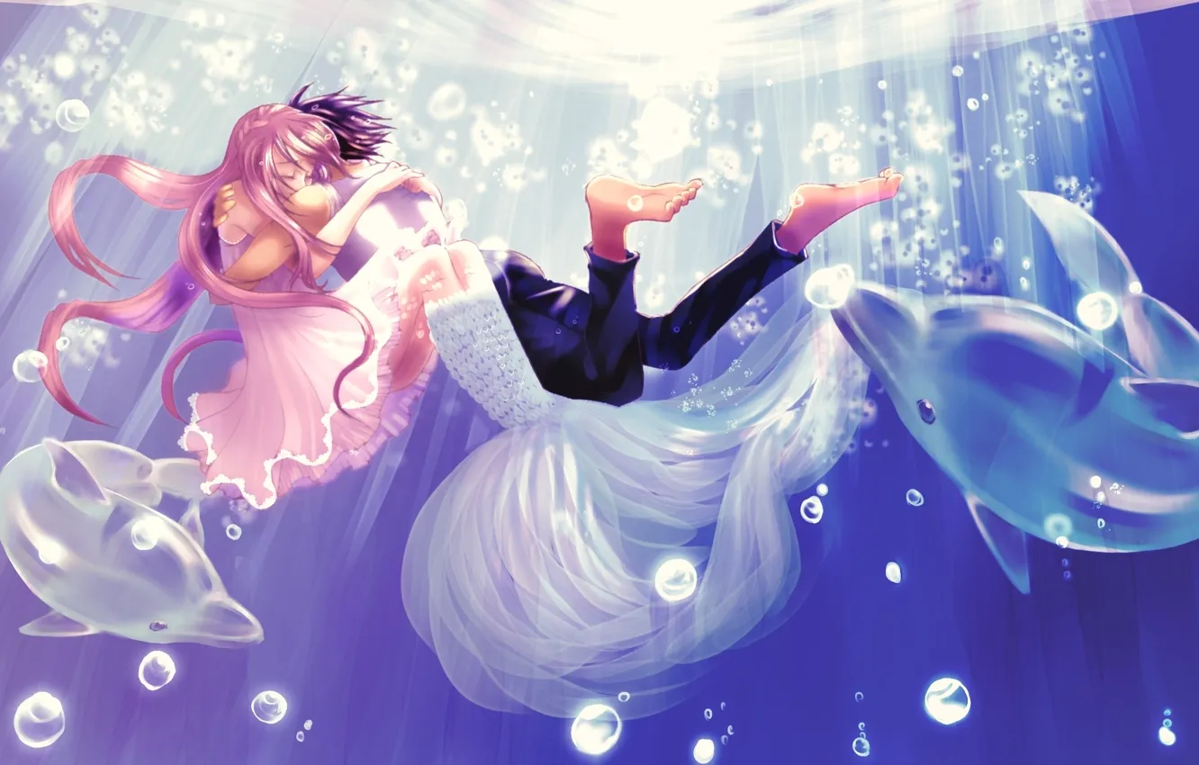 Фото обои девушка, свет, любовь, пузырьки, арт, пара, хвост, дельфины