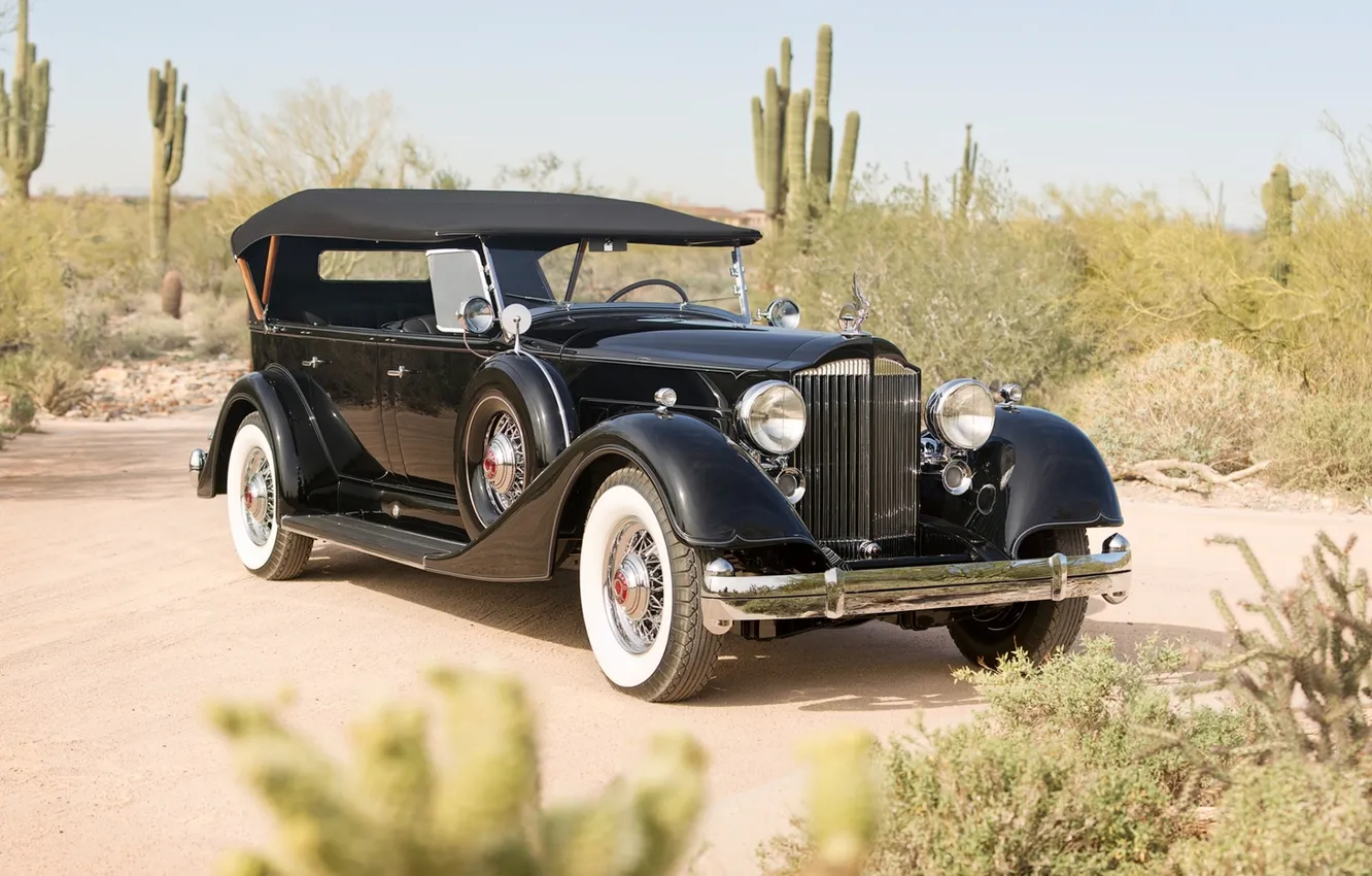 Фото обои ретро, чёрный, пустыня, кактусы, передок, Touring, Twelve, Packard
