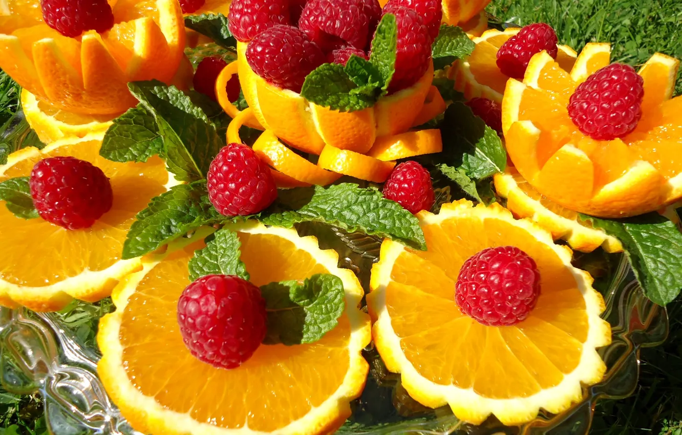 Фото обои ягоды, малина, апельсин, фрукты
