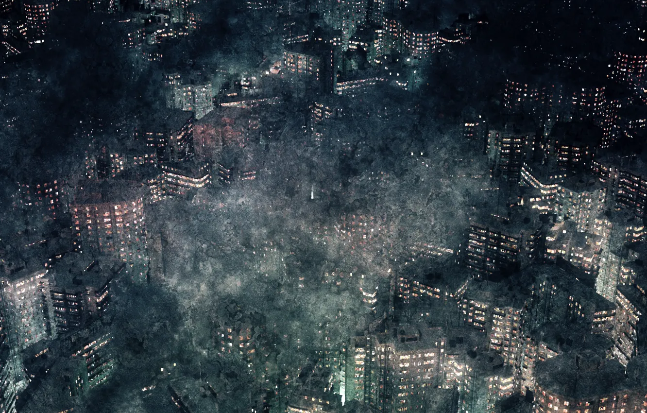 Фото обои город, туман, поздний вечер