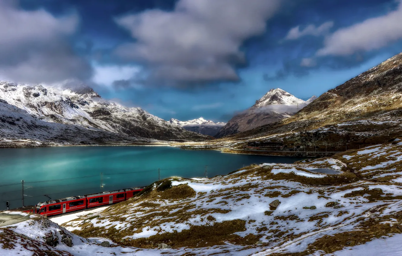 Фото обои снег, горы, озеро, поезд, Швейцария, Альпы, Switzerland, Engadin