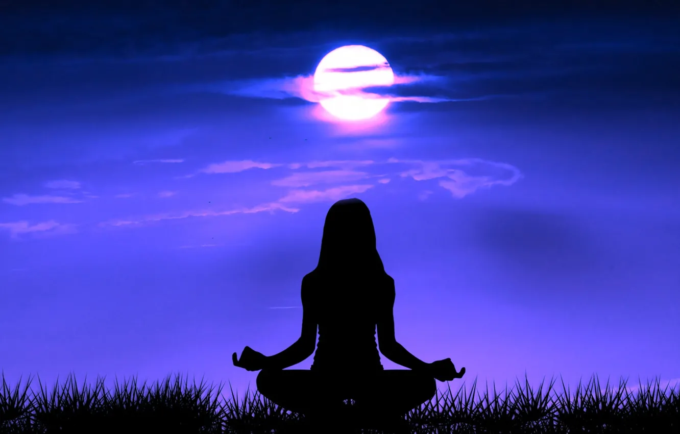 Фото обои ночь, поза, луна, медитация, moon, night, pose, meditation