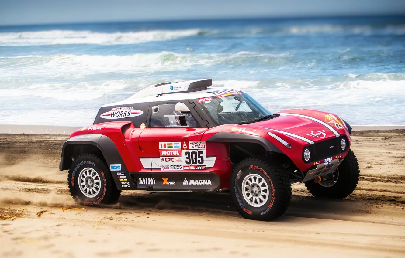 Фото обои Песок, Море, Пляж, Mini, Спорт, Скорость, Rally, Dakar