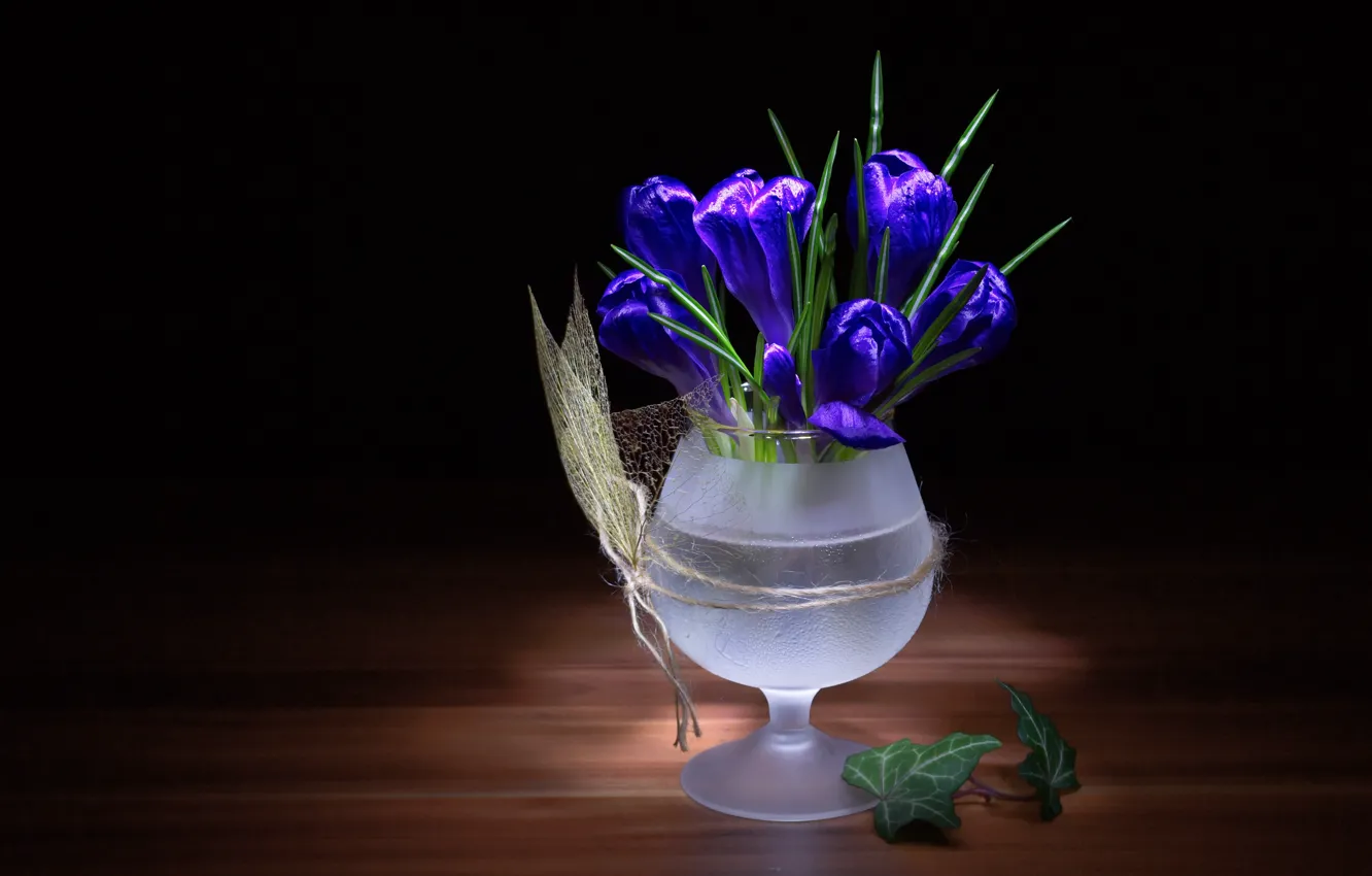 Фото обои синий, сияние, бокал, весна, веревка, серебристый, крокусы, ваза