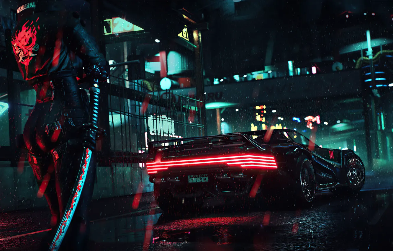 Фото обои lights, future, rain, night, katana, samurai, cyberpunk 2077