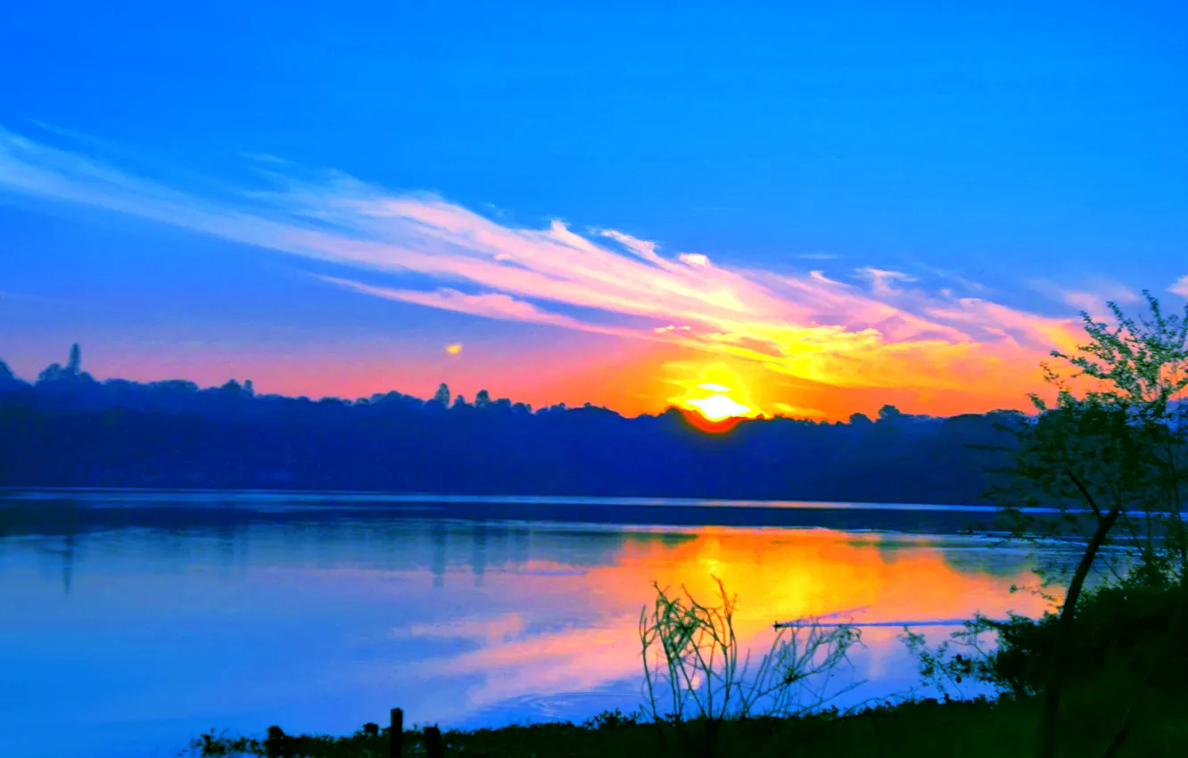 Фото обои Sky, Grass, Sun, Water, Sunrise, Dawn, Morning, Lake