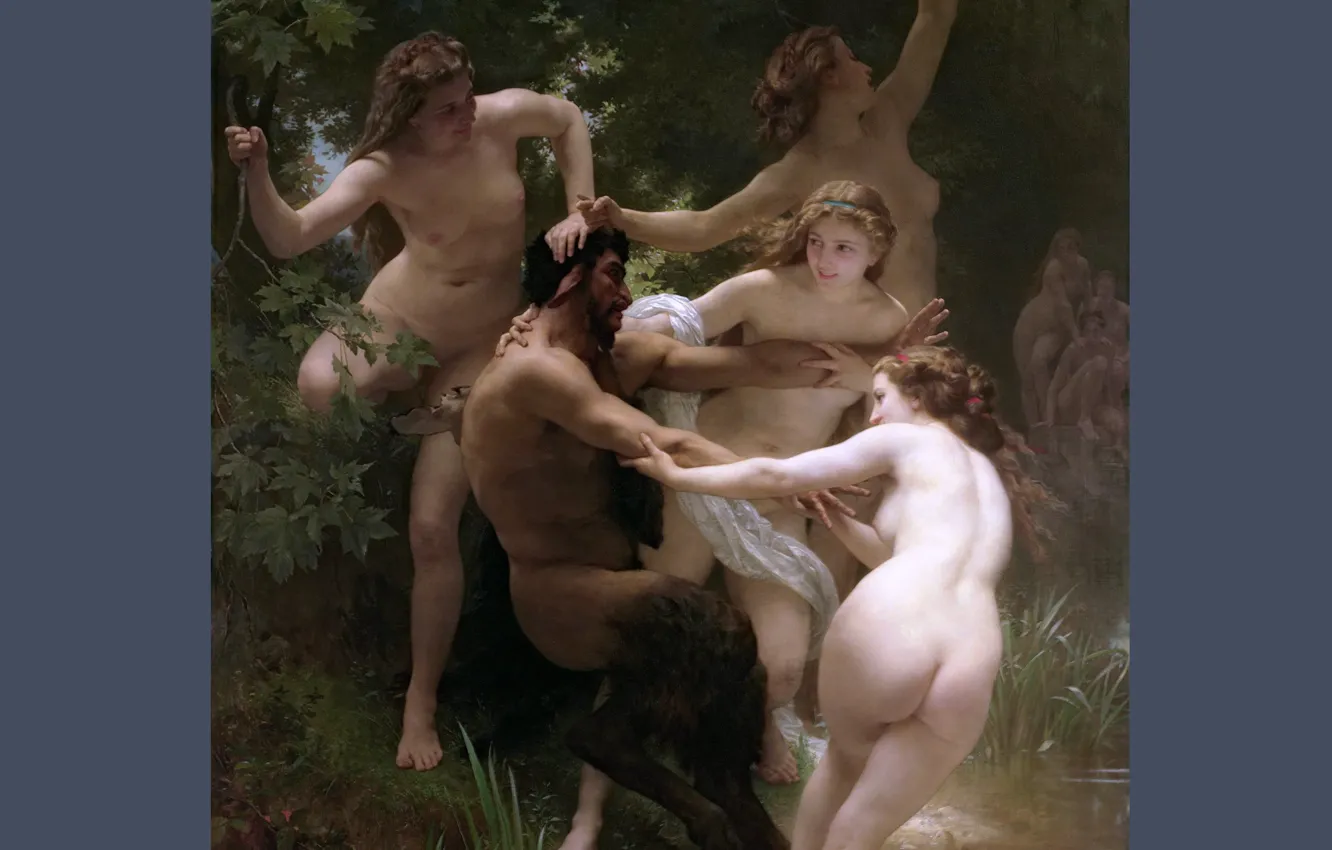 Фото обои Девушки, Картина, Голые, Сатир, Вильям Адольф Бугро, William-Adolphe Bouguereau, Французский живописец, Нимфы и сатир