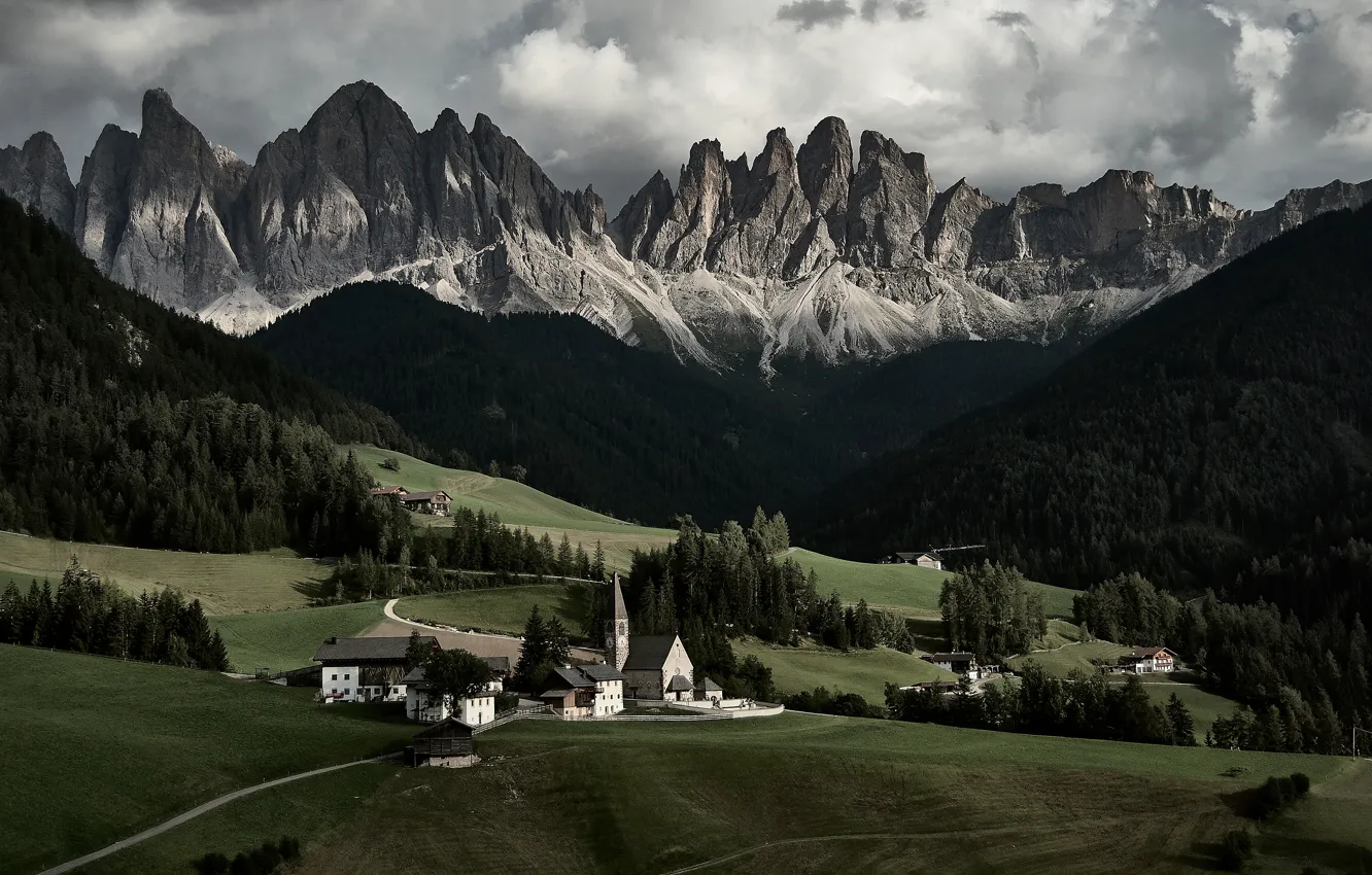Фото обои лес, горы, Альпы, церковь, домик, поселение