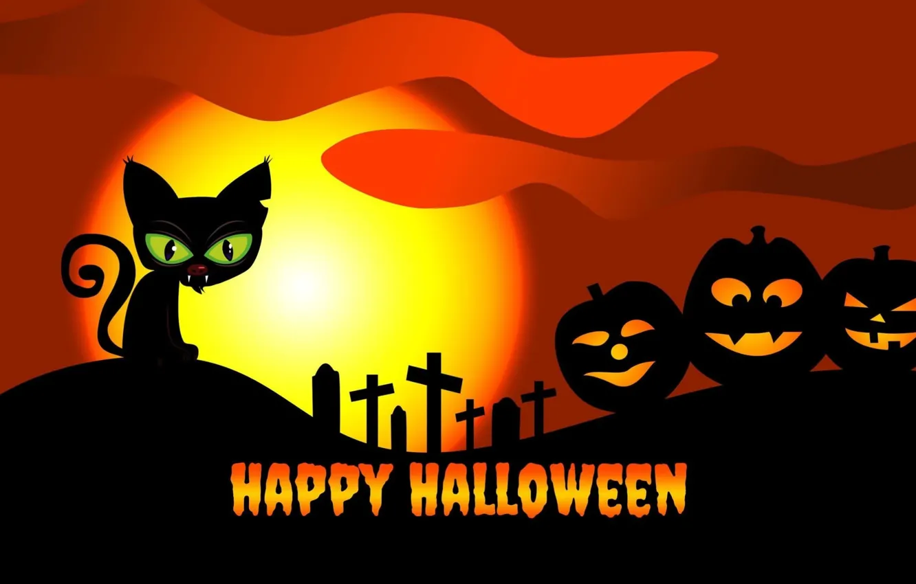 Фото обои Ночь, Кошка, Луна, Тыквы, Halloween, Хэллоуин, Moon, Pumpkins