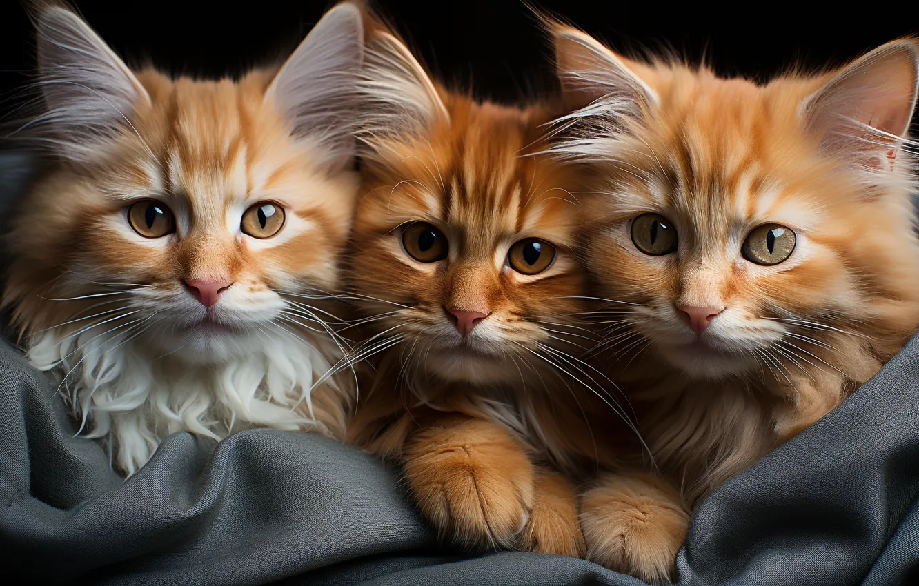 Фото обои кошка, взгляд, кошки, котенок, рыжий, котята, ткань, черный фон