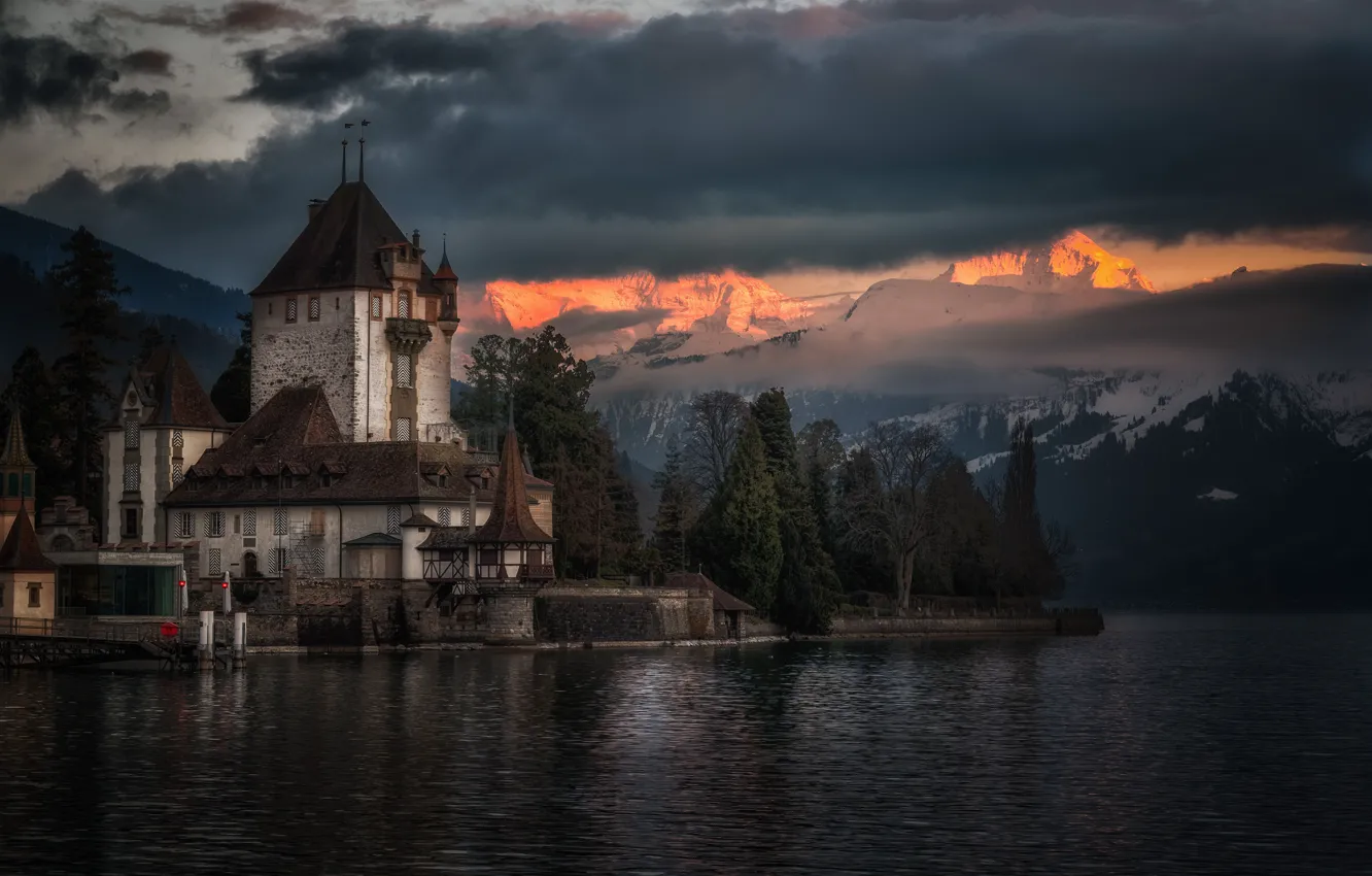 Фото обои горы, озеро, замок, вечер, Швейцария, Альпы, Switzerland, Alps