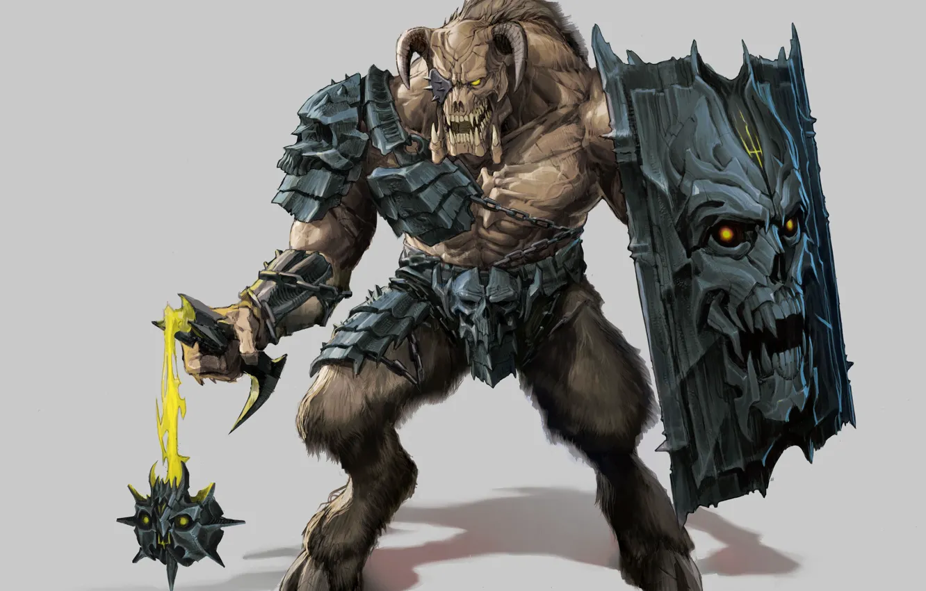 Фото обои game, Gladiator, гладиатор, Doom, Video game series, Демон-солдат, Шипованный шар на цепи, Проклятый щит