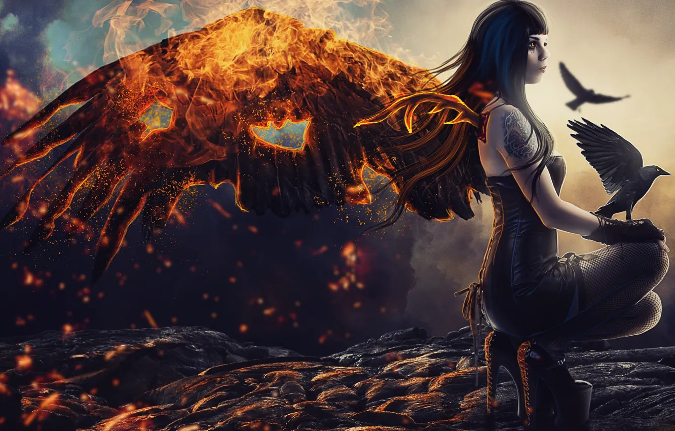 Фото обои девушка, огонь, крылья, тату, арт, лава, профиль, ворон